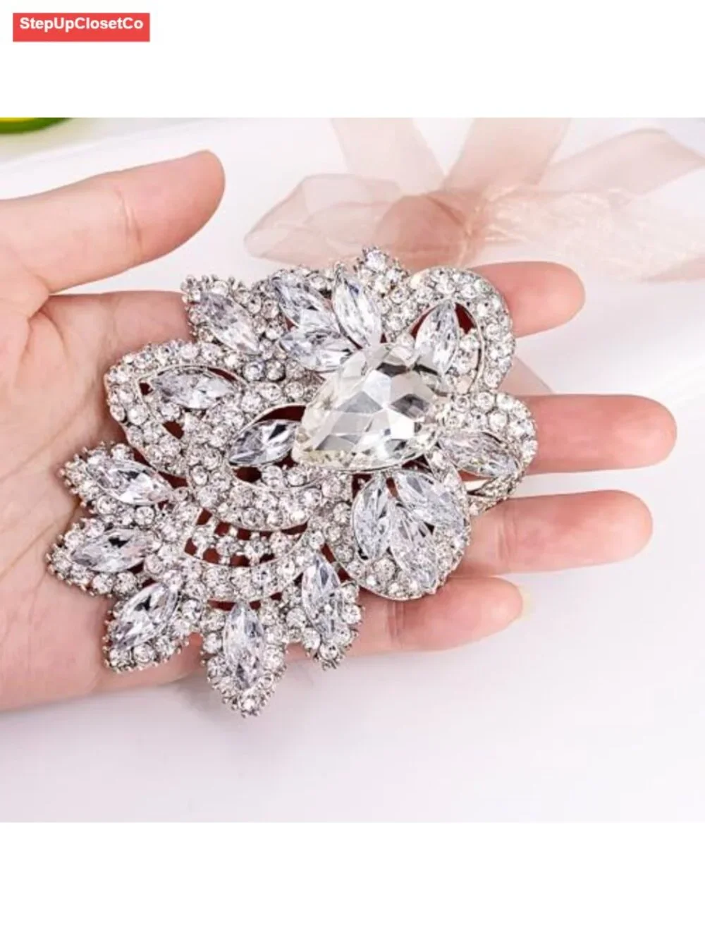 Vintage Crystal Flower Teardrop Brooch Gold Tone Elegant Pin